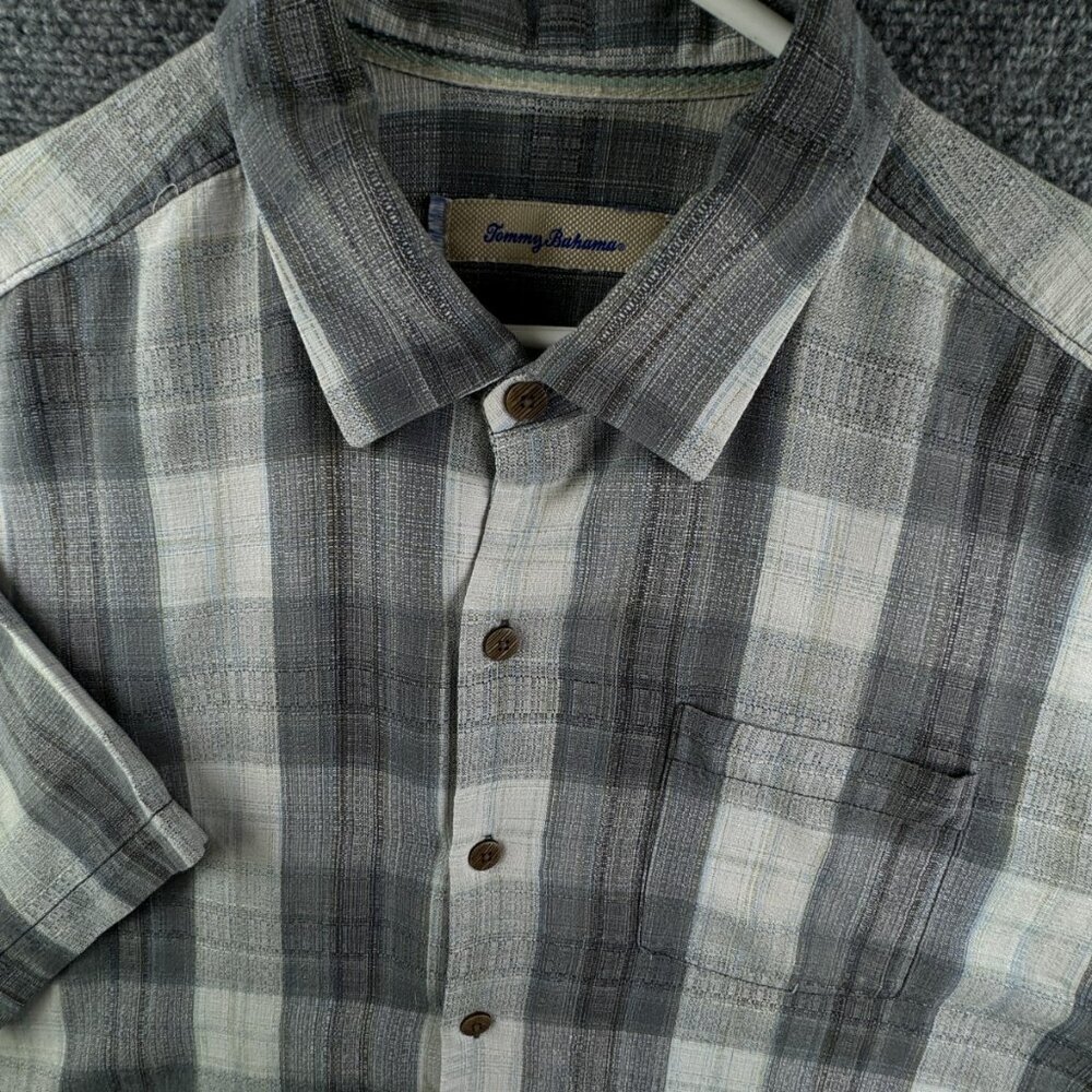 Tommy Bahama Gray Check Short Sleeve Button Up Shirt All Silk Beach Hawaii XL
